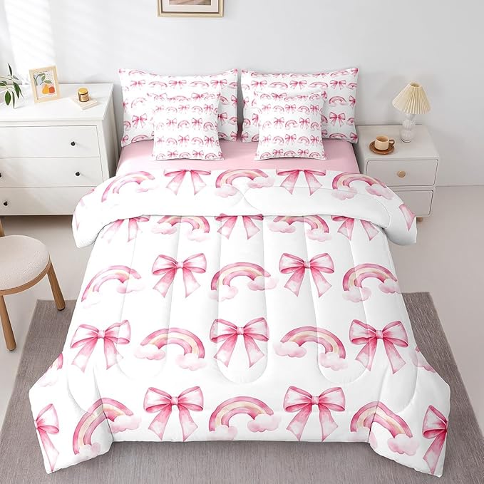 Manfei 7 Pieces Pink Bowknot Princess Comforter King,Rainbow Cloud Bow Tie Toddler Bedding Set,Bow Princess Tale Style Cartoon Dreamy（Comforter+Fitted+Flat Sheet+2 Pillowcases+2 Throw Pillow Covers）
