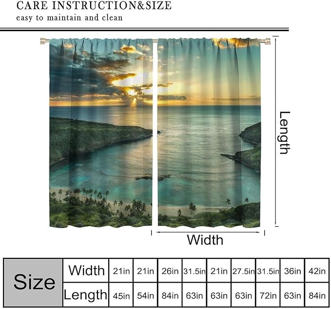 Ocean Beach Curtains,OceanMorning Sunrise Hawaiian Seaside Scene Pattern Blackout Print Home Bedroom Living Room Window Treatments 2 Panel Set 42x45 Inch