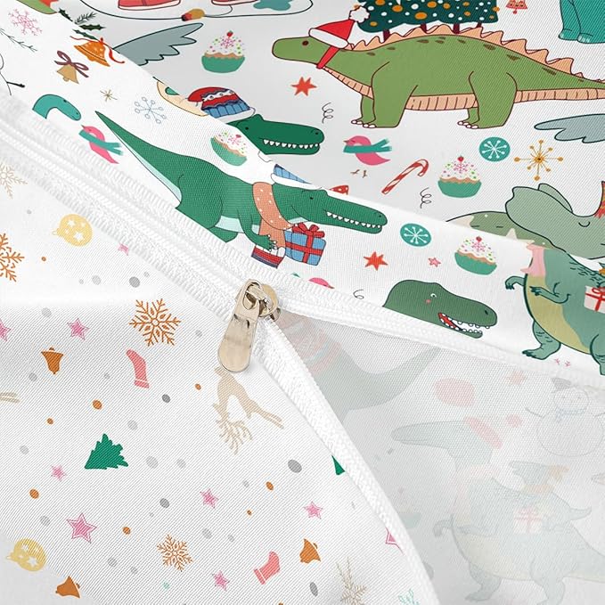 Feelyou Christmas Dinosaur Decorative Comforter Cover King Size Cartoon Snowman Duvet Cover Xmas Bow Snowflake Bedding Set Gifts for Kids Boys Girls 2 Pillow Cases