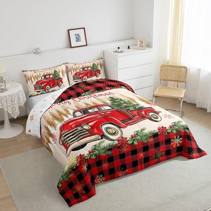 Erosebridal Merry Christmas King Bedding Set Red Truck Comforter Sets for Kids Boys Girls Teens Room Decor,Xmas Tree Down Comforter Red Black Buffalo Plaid Decor Bed Set Car Printed Themed Quilt Set