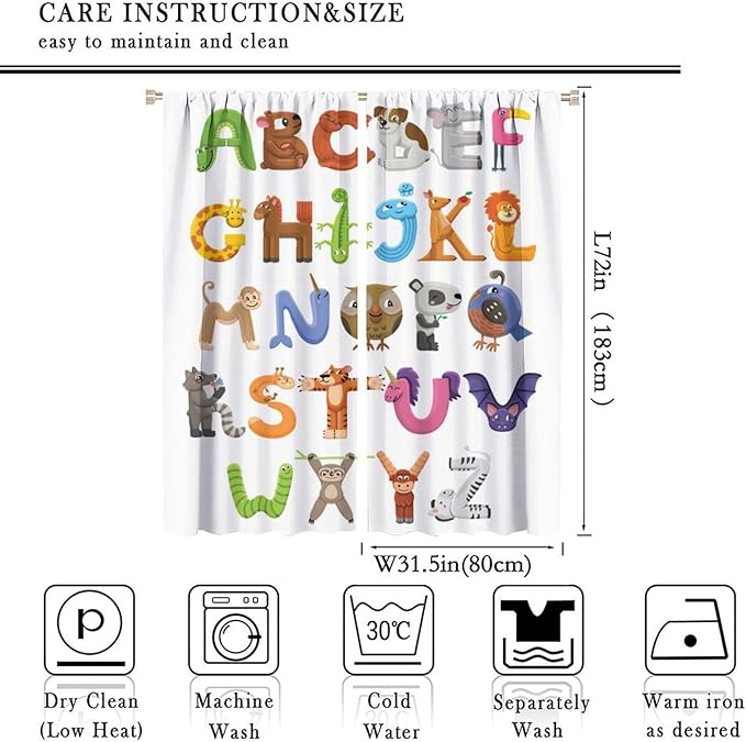 Kids Alphabet Curtains Cartoon Animal Baby Children Funny Learning Educational Curtain with Rod Pocket for Bedroom Nursery Decor Drapes Window Treatments 2 Panels Set 63x72in