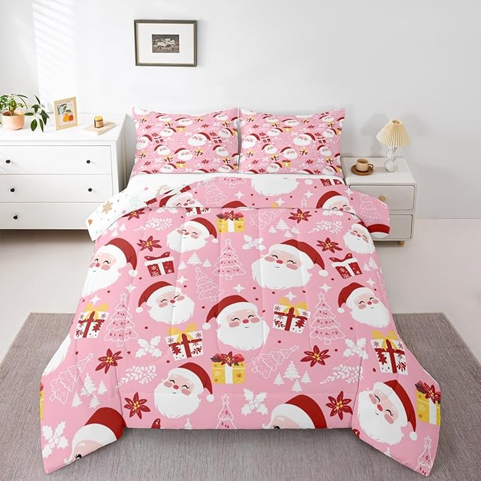 jejeloiu Santa Claus Comforter Set Toddler Size Merry Christmas Bedding Set for Kids Boys Girls Xmas Themed Duvet Quilt Pink Bedroom Decor