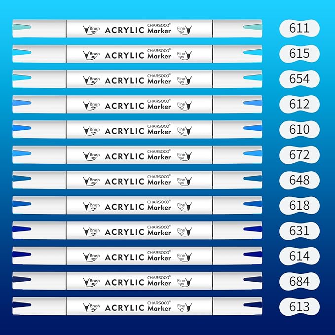 Blue Tones Acrylic Paint Pens, 12 Colors Markers Set with Soft Brush & Bullet Tip, for Rock, Painting, Wood, Glass, Ceramic, Canvas, Stone, DIY Crafts, Making Art Supplies, Fabric Paint