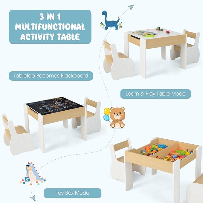 INFANS 3 in 1 Kids Table and Chair Set, Wood Multi Activity Table with Removable Tabletop Storage, Detachable Blackboard for Toddler Playing Drawing Arts Crafts,3 PCS Children Furniture