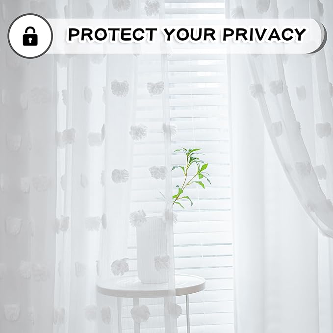 MYSKY HOME Light Blocking White Curtains for Living Room White Sheer Pom Pom Kids Room Decor Drapes 108 Inches Long Double Layer Curtain for Sliding Door Grommet Window Panels Set of 2 52" x 108"