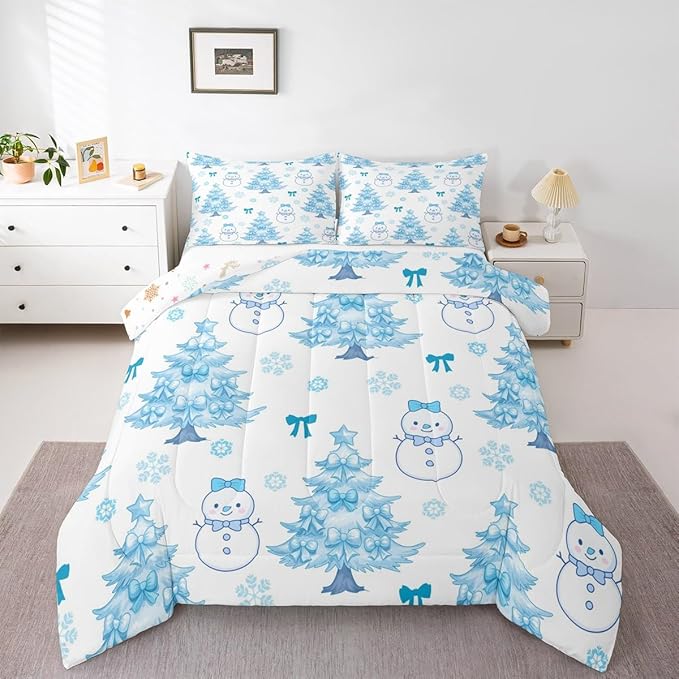 Feelyou Merry Christmas Bedding Set Soft for Boys Girls, Cute Snowman Comforter Set Full Size Cartoon Bowknot Duvet Quilt Microfiber Christmas Tree 3 Pcs with 2 Pillow Cases