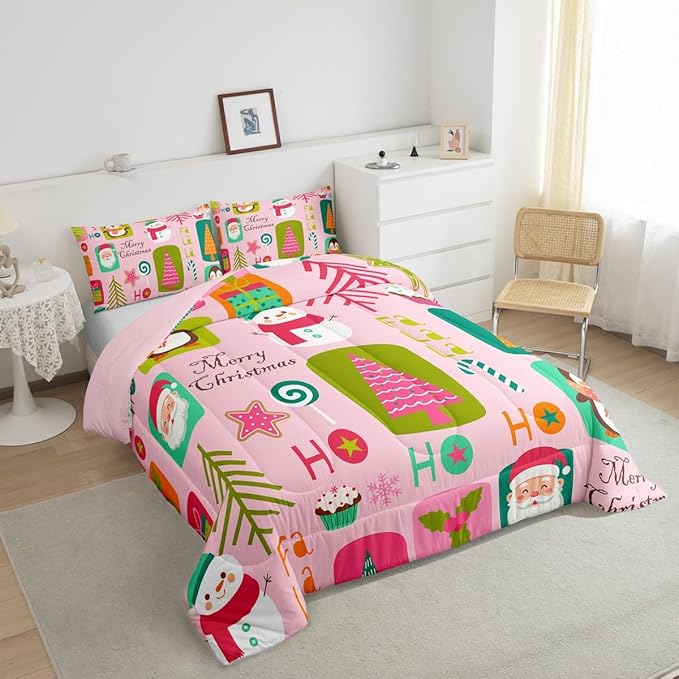 Erosebridal Christmas Kids Comforter Set King Size Cartoon Santa Claus Quilts Boys Girls Room Decor Merry Xmas Penguin Bedding Set Christmas Tree Snowman Down Comforter,Pink
