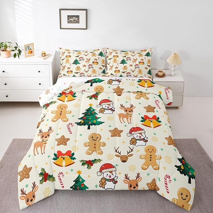 Feelyou Merry Christmas Kids Comforter Set Twin Size Gingerbread Man Bedding Set Cute Deer Duvet Quilt for Kids Boys Girls Bedroom Christmas Tree Decor Microfiber Ultra Soft Breathable