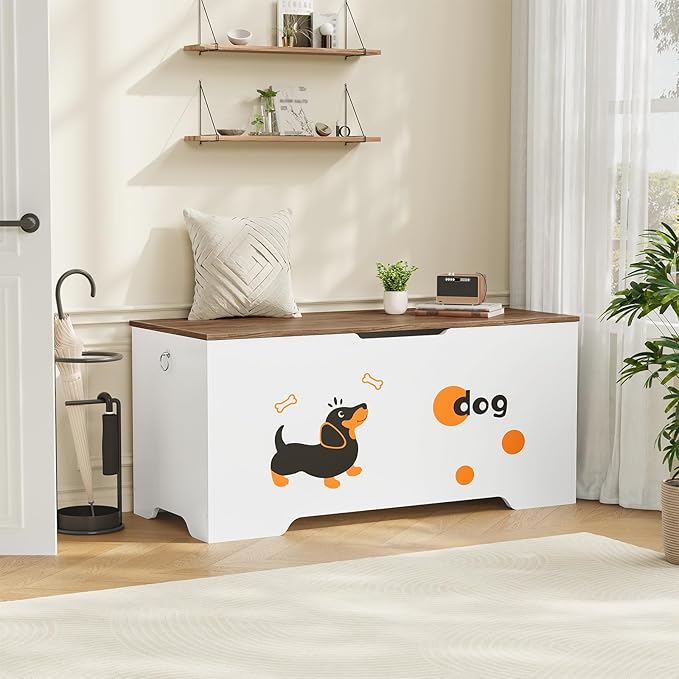 HOOBRO Toy Box, Toy Chest with 2 Safety Hinges, 47.2" Storage Bench, Wooden Storage Chest, for Entryway, Bedroom, Living Room, White and Walnut WH496CW01