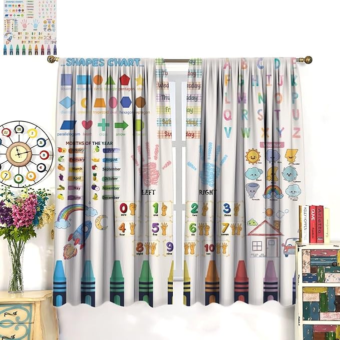 Kids Educational Alphabet Curtain,Boho Watercolor Alphabet Pastel Numbers Shapes Colors for Girls Child Nursery Home Kids Printed Rod Pocket Window Drapes for Bedroom Living Room Decor 42" W X 45" L