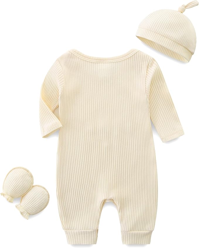 Baby Romper with Baby Mittens & Newborn Hats Footless Long Sleeve Solid Onesie Hi Im New Here