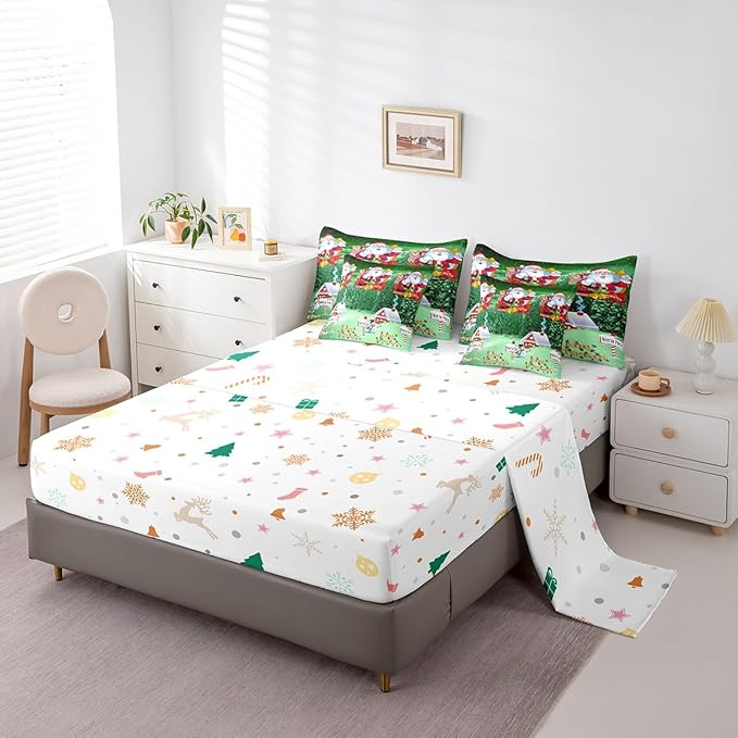 Feelyou Santa Claus Printed Bed Set Christmas Decorations Bed in a Bag for Kids Boys Girls Galaxy Blue Cute Decor Comforter Set with Sheets Snowman Snowflake Bedding Set Bedroom Collection King Size