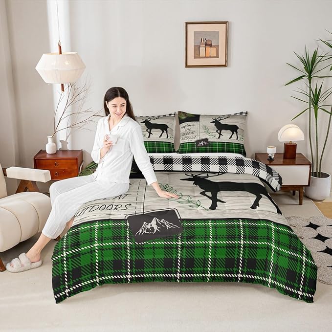 Elk Silhouette Kids Comforter Set Twin Size,Palm Leaves Old Plank Bedding,Girls Boys Adults Bedroom/Xmas Cabin Decor,Camper Explore Down Comforter,Geometric Grids Plaid Duvet Insert,1 Pillowcase