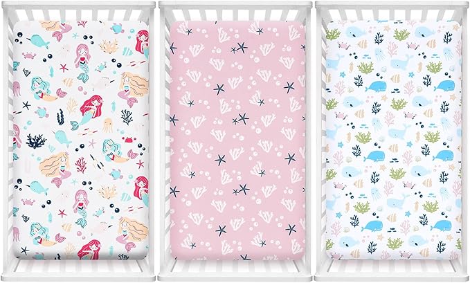 PHF 3 Pack Soft Mermaid Crib Sheets Fitted, Silky Comfy Breathable Baby Sheets for Boys Girls Neutral, 28x52 Inches Fits Standard Crib and Toddler Mattresses, Mermaid