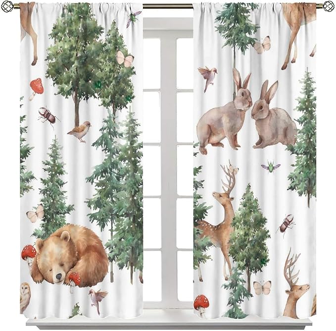 YCness Forest Animal Curtains, Wild Animals Watercolor Woodland Bear Rabbit Cartoon Window Treatments for Kids Bedroom Living Room Kitchen Living Room Drapes, 42x45 Inch