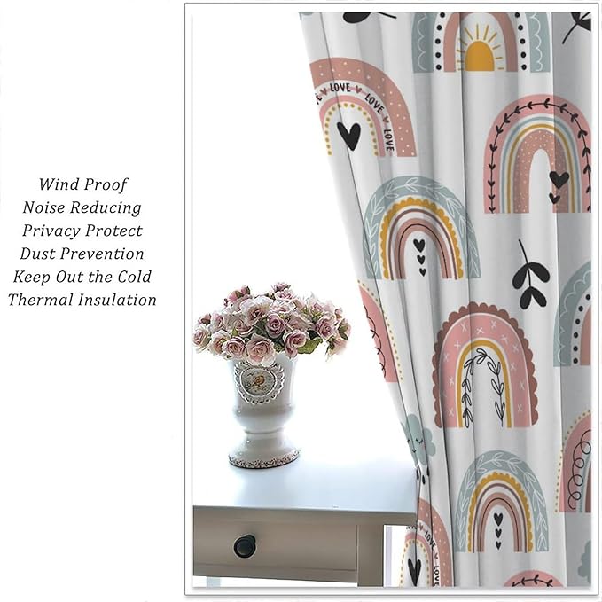 Kids Rainbow Curtains Boho Cartoon Colorful Stars Love Heart Lovely Abstract Art Pattern Print Window Drapes for Girl Bedroom Living Room Kitchen Decor,2 Panel Set,55Wx63H Inch Blackout
