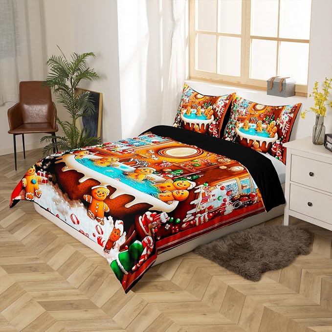 Feelyou Kids Christmas Gingerbread House Duvet Cover,Funny Gingerbread Man Bedding Set Full Size,Boys Girls Bedroom Room Decor,Merry Christmas Comforter Cover,Xmas Christmas Bedspread Cover