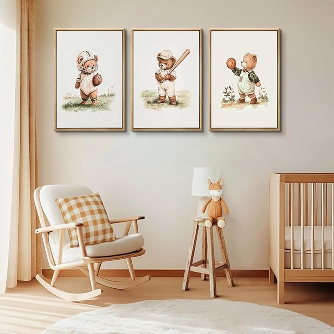 3Pcs Nursery Teddy Bear Canvas Wall Art Vintage Sports Bear Wall Decor Sports Boys'Room Artwork Prints Basketball Football Baseball Painting Pictures for Children's Room Boys' Room (12x16in poster)