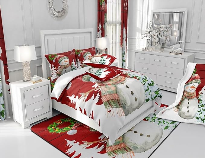 Merry Christmas Duvet Cover Set King Size, Cute Snowman and Xmas Tree Print Comforter Cover with 2 Pillowcases, Red Wooden Stripe Print Bedding Set 3pcs for Kids Girls Bedroom Decor,No Comforter
