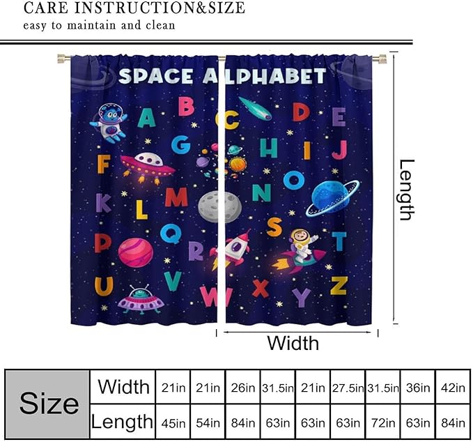Alphabet Curtains Kids Outer Space Cartoon Universe Planet Educational Learning Curtain with Rod Pocket for Bedroom Nursery Decor Drapes Window Treatments 2 Panels Set 55" W X 63" L
