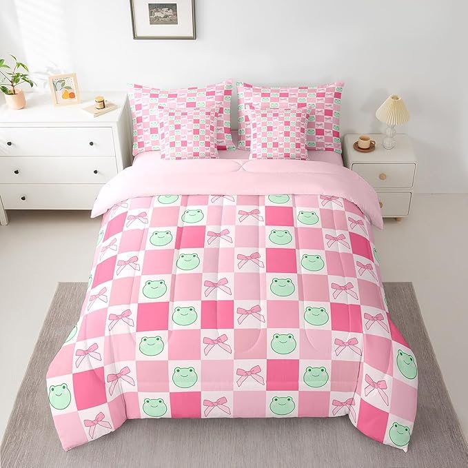 7 Pieces Cartoon Frog Kids Comforter Set Twin,Pink Bowknot Bow Tie Butterfly Knot Bedding Set,Geometric Plaid Grid Patchwork Cute（Comforter+Fitted+Flat Sheet+2 Pillowcases+2 Throw Pillow Covers）
