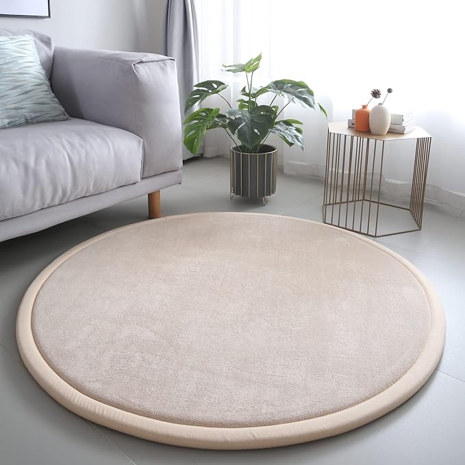 Loartee Thick Kids Round Rug - Coral Velvet Area Rugs, Memory Foam Circular Carpet for Nursery Playroom Home Decor Dormitory, Diameter 47 inch, Brown