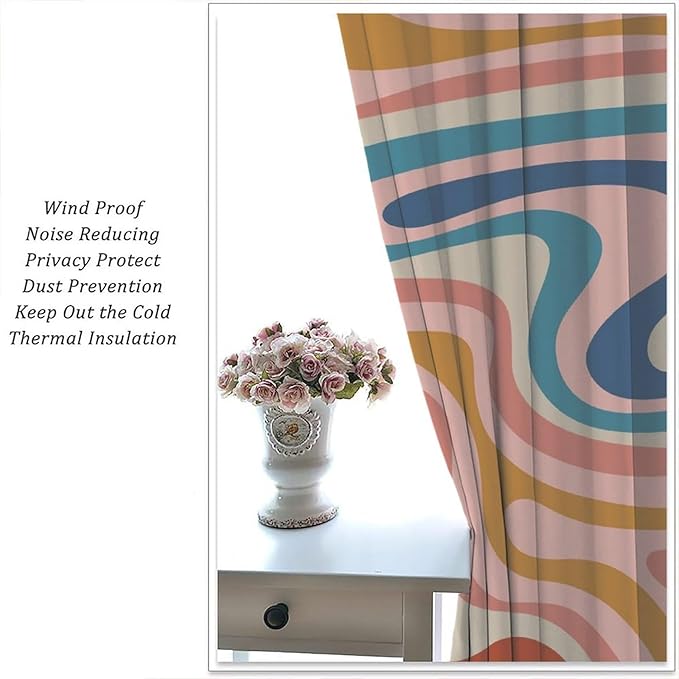 70S Abstract Wavy Swirl Curtain for Bedroom Windows,Retro Boho Minimal Teen Girls Kids Living Room Restroom Window Treatments Drapes 42" W X 45" L