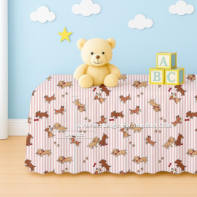 Cottington Lane Crib Skirt Dust Ruffle, 100% Natural Cotton, Soft, Durable Nursery Crib Toddler Bedding Skirt for Baby Girls or Boys, Fits Standard Cribs 28" x 52" with 14" Drop, Puppy Love