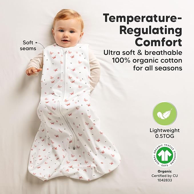 2-Pack Baby Sleep Sacks, Zipper Wearable Blanket - 0.5TOG Organic Cotton,Lightweight,Soft Cozy Toddler Sleeping Sack 6-12 months,Easy to Wear Large Newborn Transition Swaddles Sleepsacks (Butterflies)