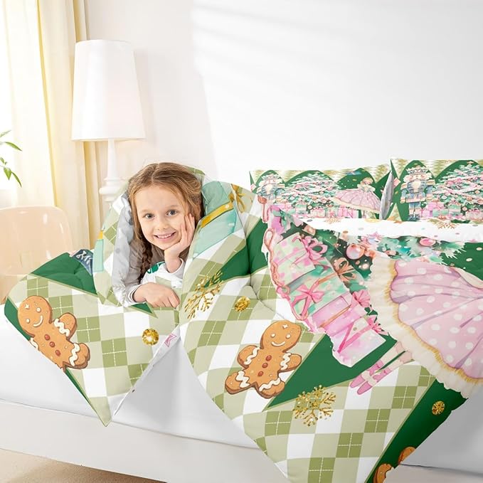 jejeloiu Christmas Nutcracker Comforter Set King Size Gingerbread Man Bedding Set for Kids Boys Girls Xmas Tree Duvet Quilt Green Bedroom Decor