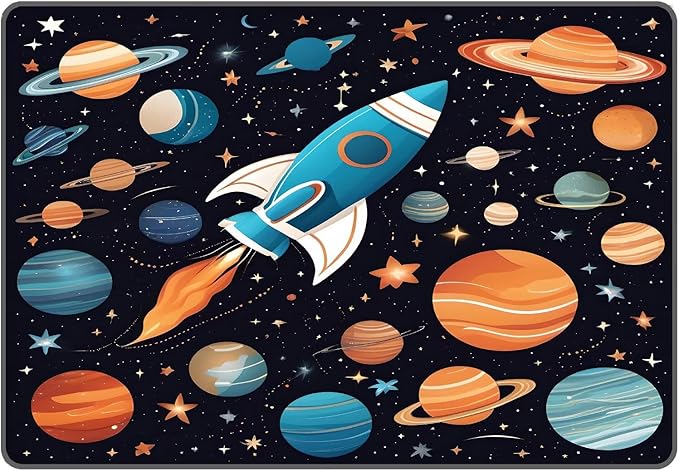 5' x 7' Space Rocket Rug for Kids Bedroom Cartoon Planet Stars Rugs Galaxy Carpet Printed Throw Rugs for Boys Children Living Room,150x210cm