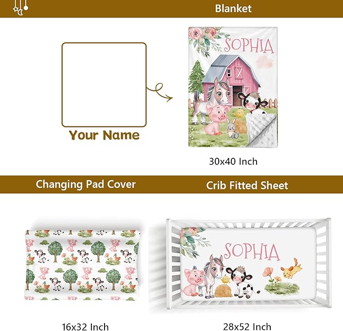 Custom Name Crib Bedding Set, 3 Pcs Personalized Baby Crib Bedding Set, Soft Farm Animals Nursery Crib Sets for Boys Girls, Double Layer Toddler Bedding Set Customized Gifts for Newborn Kids