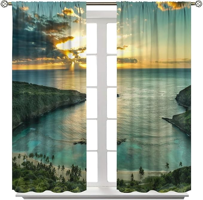 Ocean Beach Curtains,OceanMorning Sunrise Hawaiian Seaside Scene Pattern Blackout Print Home Bedroom Living Room Window Treatments 2 Panel Set 63x63 Inch