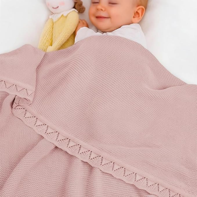Baby Knit Blanket Soft Breathable Cotton Scallop Border Blankets Newborn Knitted Blanket Swaddle Blankets Gifts for Baby Newborn Toddler Shower Boy Girl New Mom Birthday Christmas RP 30x40