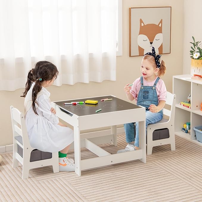 HONEY JOY Kids Table and Chairs, 3-in-1 Children Wooden Activity Set with Storage, Detachable Tabletop, for Art, Craft, Drawing, Reading, Gift for Toddlers Boys Girls 3-7 Years Old (Grey)