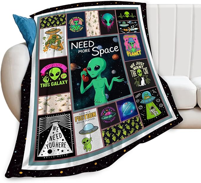 Green Alien Fleece Blanket Funny Universe Throw Blankets for Girls Boys Super Soft Warm Flannel Cool Throws Gifts for Men Women Cozy Fuzzy Plush Stuffed Couch Bed Bedding Decor 80"x60"