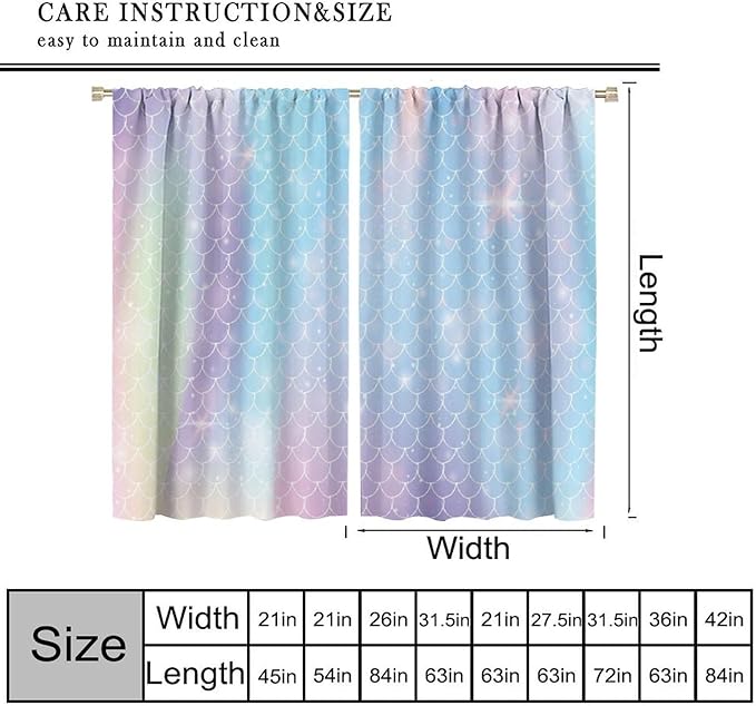 Mermaid Curtains, Kids Cartoon Watercolor Sea Animals Mermaid Princess Scales Pattern Print Living Room Decoration for Kids Girls Bedroom Nursery 63x63 Inch