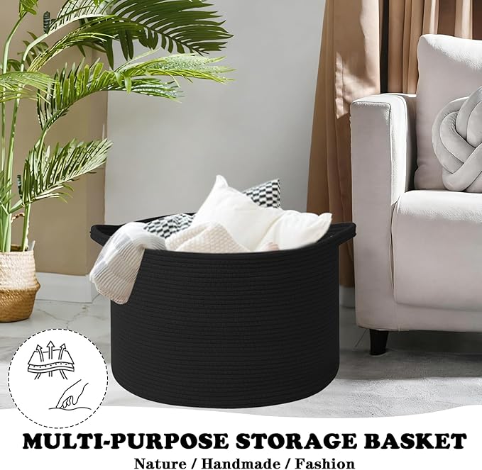 Large Blanket Basket for Organizing,65L Closet Organizers and Storage Bins Box for Shelves Woven Rope Storage Baskets,Living Room,Bedroom,Dorm,Laundry room (Black)
