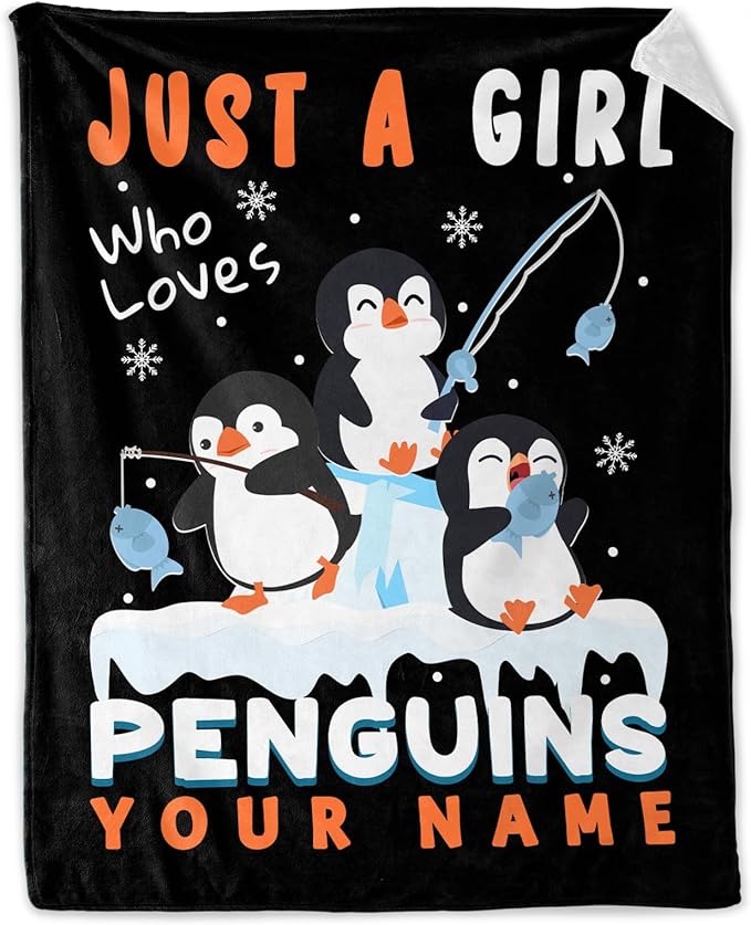 Personalized Penguin Gift for Girls - 40" x 50" Inches Cute Penguin Throw Blankets for Kids - Black Warm Cozy Blankets for Sofa, Crib & Bed