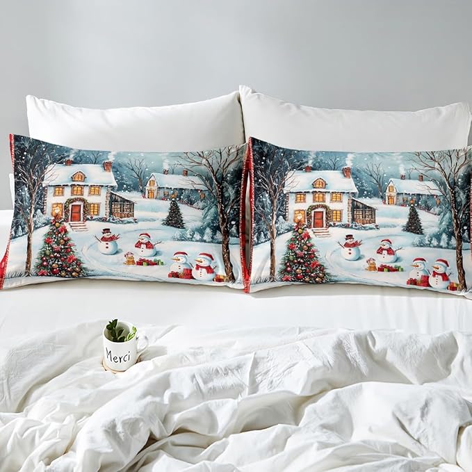 Manfei Christmas Duvet Cover Set Queen Size, Cute Snowman Xmas Tree Bedding Set for Kids Boy Girls Room Decor, New Year Theme Comforter Cover, Lightweight Bedspread Cover, 2 Pillowcases, No Comforter