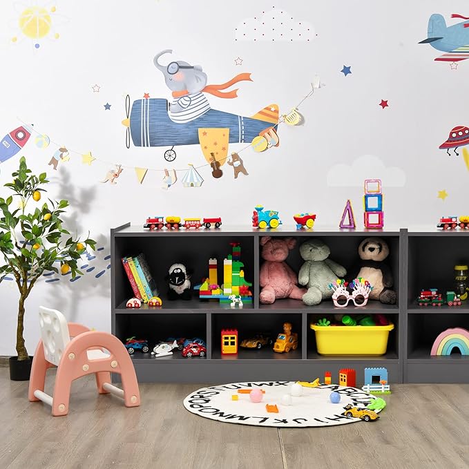 Costzon Toy Storage Organizer for Kids, 5-Section School Classroom Storage for Organizing Books Toys, Wooden Kids Bookshelf Daycare Furniture for Preschool, Playroom, Nursery, Kindergarten (Dark Gray)
