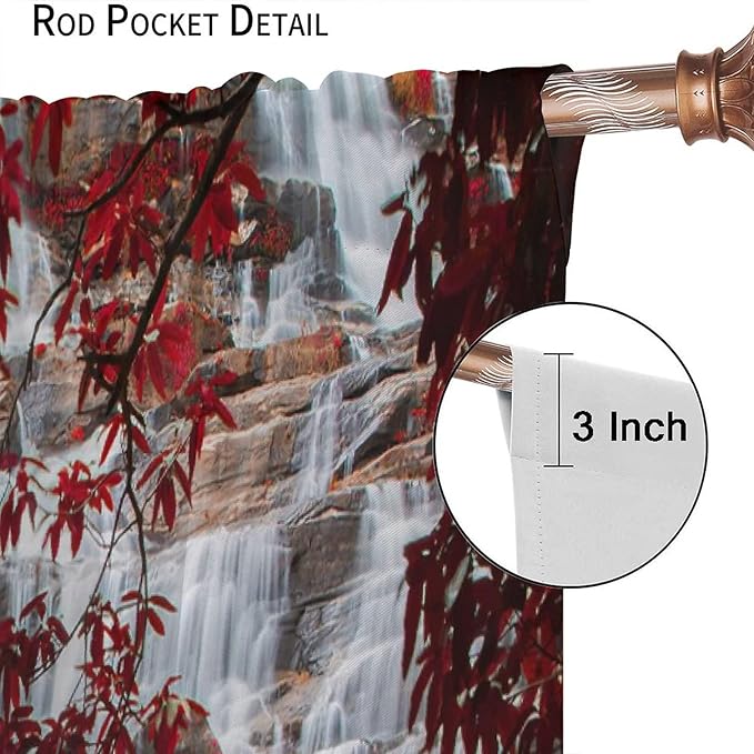 Waterfall Blackout Windows Curtains, Waterfall Red Forest Pattern Nature View Curtains, for Living Room Bedroom 55x63in 2 Panels