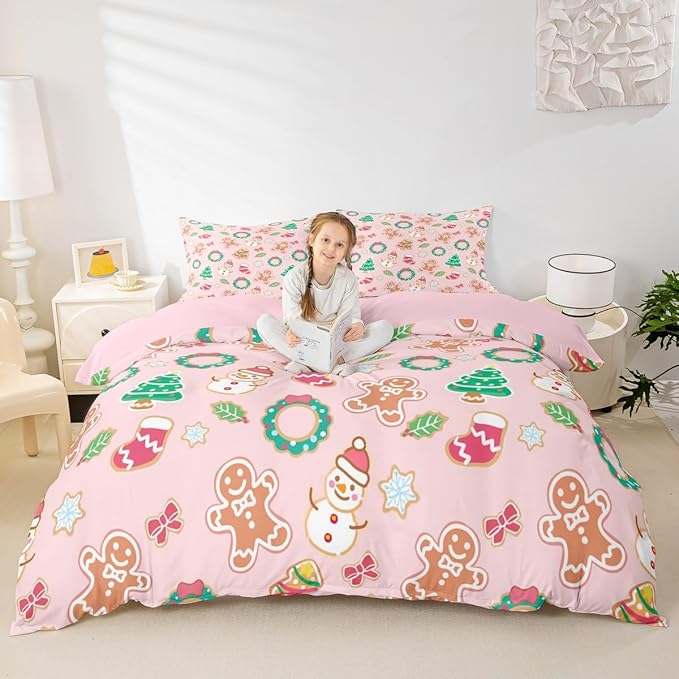 Feelyou Christmas Comforter Cover Cartoon Snowman Christmas Tree Bedding Set Gingerbread Man Xmas Theme Duvet Cover for Kids Boys Girls Microfiber Pink Bedspread Cover Room Decor Bedclothes Toddler