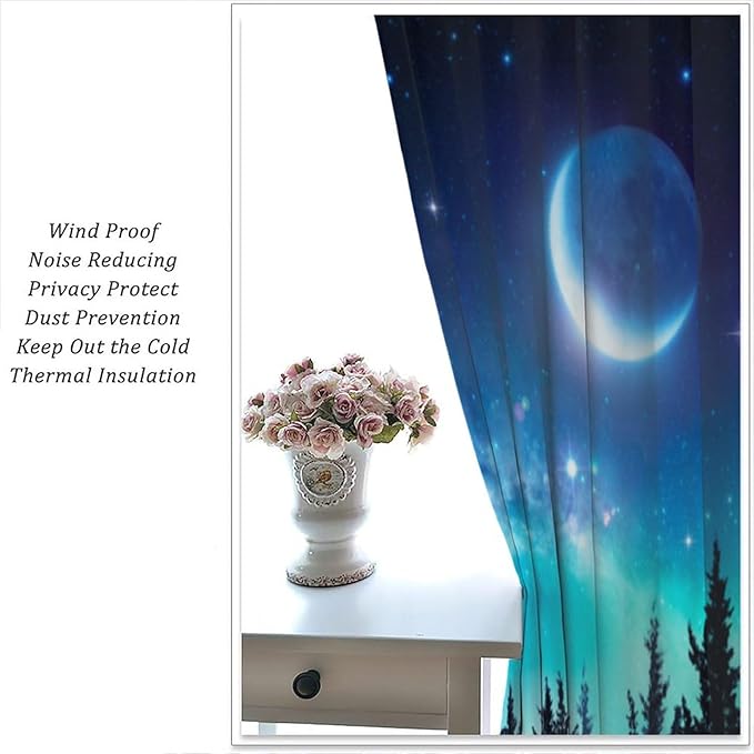 Galaxy Forest Blackout Curtains, Night Starry Sky Stars Moon Aurora Borealis Window Drapes for Bedroom Living Room Home 63" W X 63" L