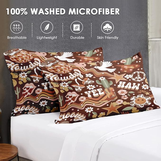 7 Pcs Full Size Comforter Set with 2 Pillowcases & 2 Shams, Western Hippie Cowgirl Bedding for Kids and Adults, West Boho Cowboy Bed in a Bag with Flat Fitted Sheet