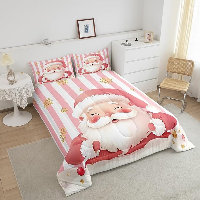 Feelyou Merry Christmas Decorations King Size Comforter Set Santa Claus Bedding Set Pink Quilt Set Soft Warm Lightweight Duvet Set