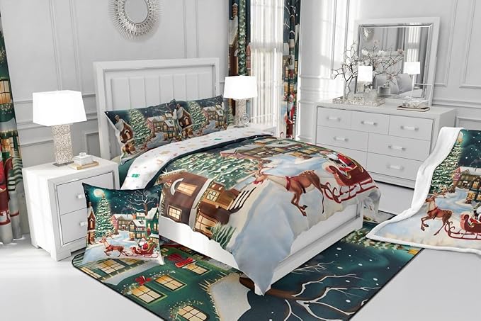 Feelyou Christmas Kids Comforter Set Twin Size Santa Claus Bedding Set Reindeer Sled Duvet Quilt for Kids Boys Girls Bedroom Xmas Tree Decor Microfiber Ultra Soft Breathable