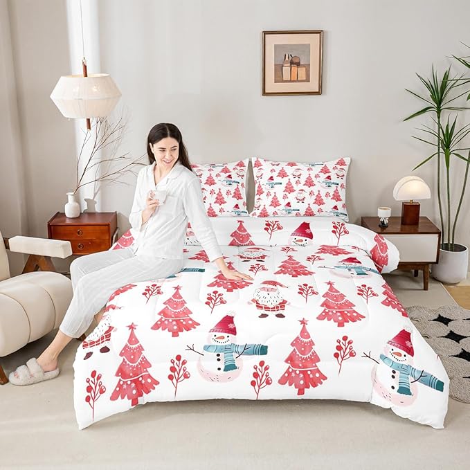 Feelyou Merry Christmas Comforter Set All Season Xmas Tree Snowman Bedding Set with 2 Pillow Cases Santa Claus Microfiber Kids King Bedclothes Bedroom Decor Duvet Quilt Breathable Soft