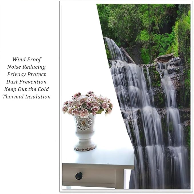 Natural Scenery Blackout Curtains, Spring Rustic Forest Waterfall River Landscape Window Drapes, for Bedroom Living Room 42" W X 63" L