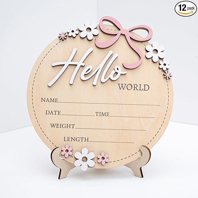 Wooden Baby Announcement Sign 6 Inch Round Birth Stat Plaque with Floral and Bow Design (Hello World)